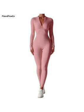 Ribbed Zip Up Long Sleeve Jumpsuit Seamless Tummy Control Catsuit